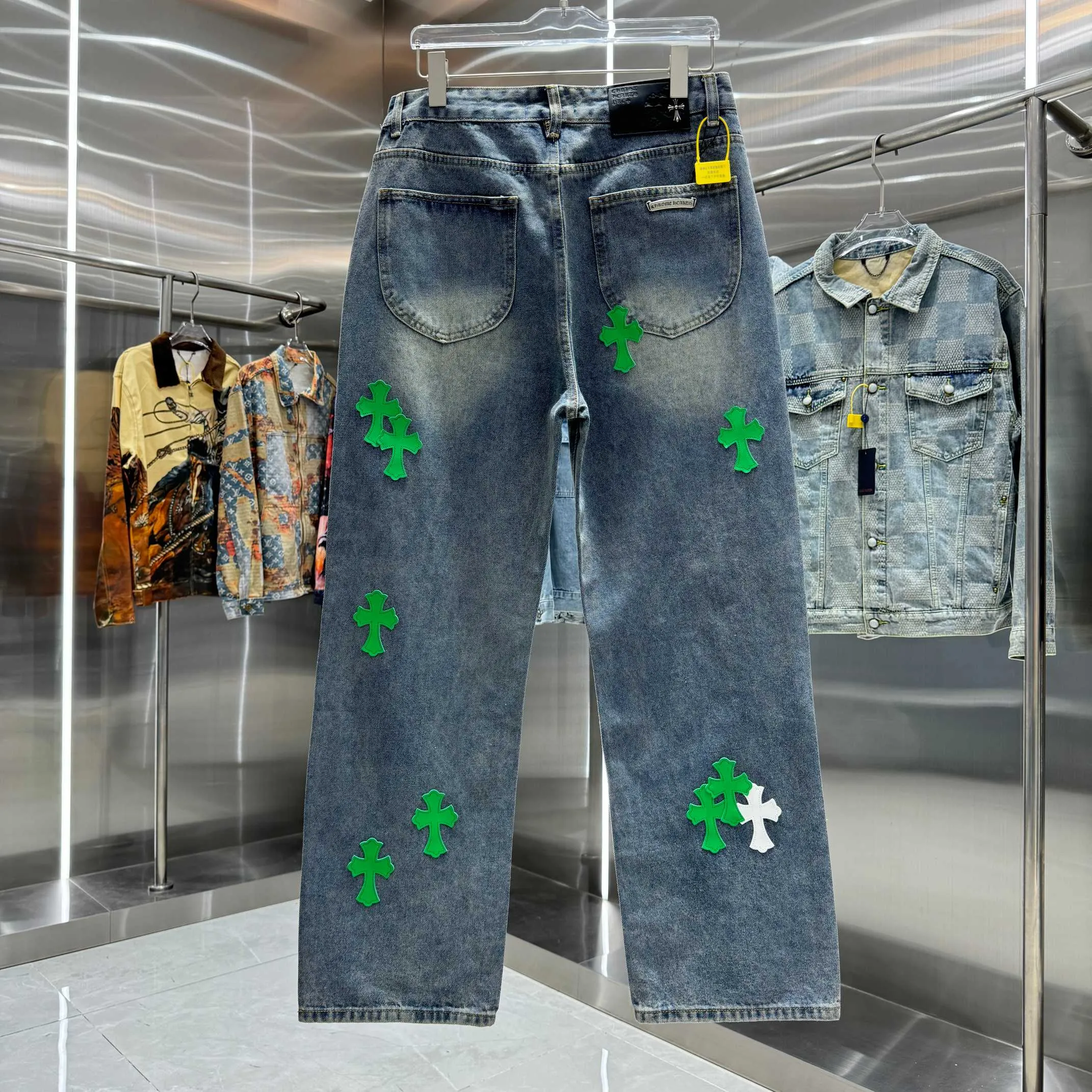 🅿️270 Crow Heart Cross Logo + Printed Horseshoe Logo Jeans 2025 latest product, original goods, washed casual jeans, imported original washed stretch fabric, comfortable and elastic, original hardware accessories decorated with logo, super correct version, extremely high grade, counter quality, fashionable and stylish upper body. The printing uses imported white foam printing, custom buttons, YKK zippers. The full set of accessories is customized in a one-to-one mold. Color: blue Size: S-XXL 28 30 32 34 36 codes